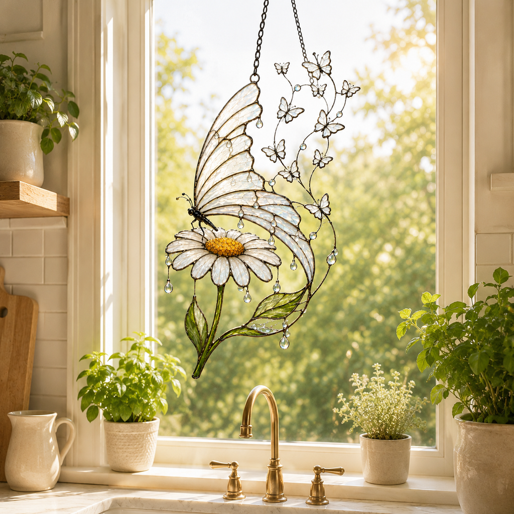 Butterfly and Daisy Holographic Acrylic Suncatcher