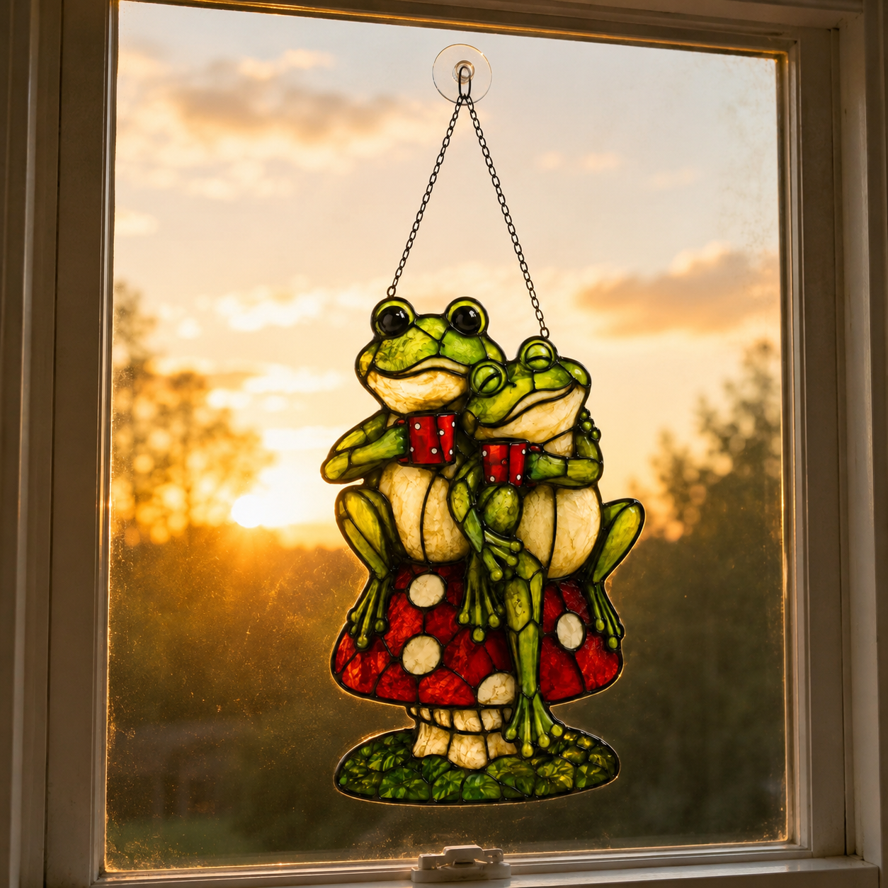 Frog Couple on Mushroom Holographic Acrylic Suncatcher