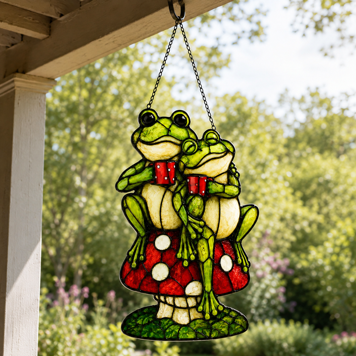 Frog Couple on Mushroom Holographic Acrylic Suncatcher