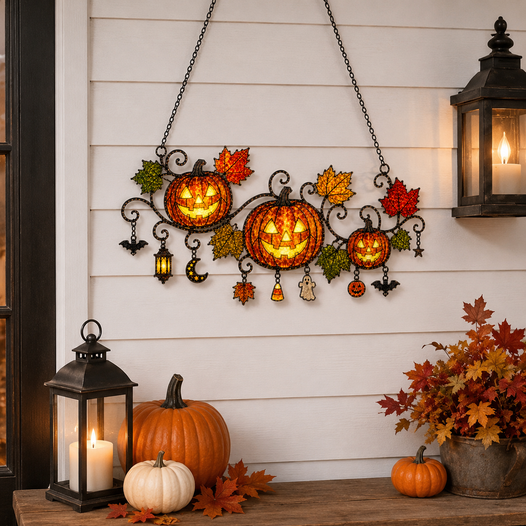 Pumpkins with Autumn Vine & Charms Holographic Acrylic Suncatcher