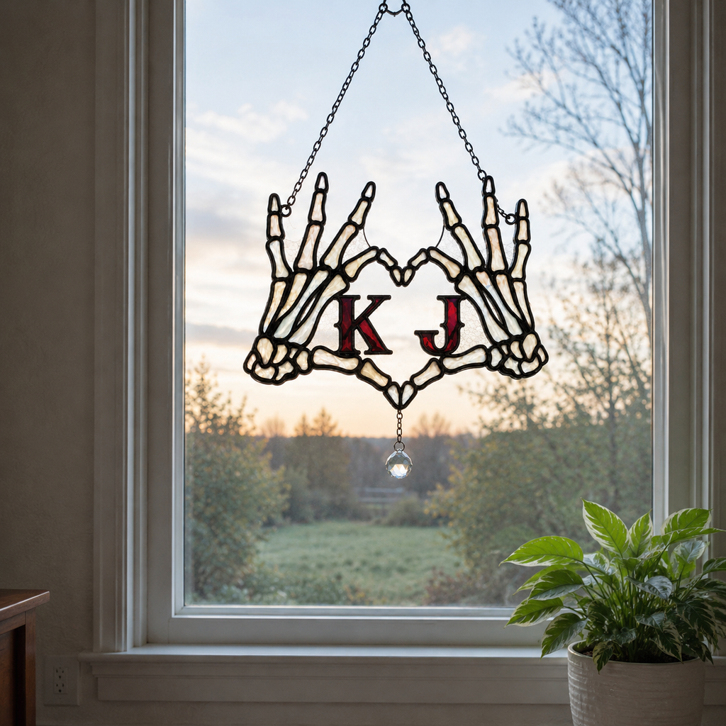Personalized Initials Skeleton Hands Heart Couple Holographic Acrylic Suncatcher