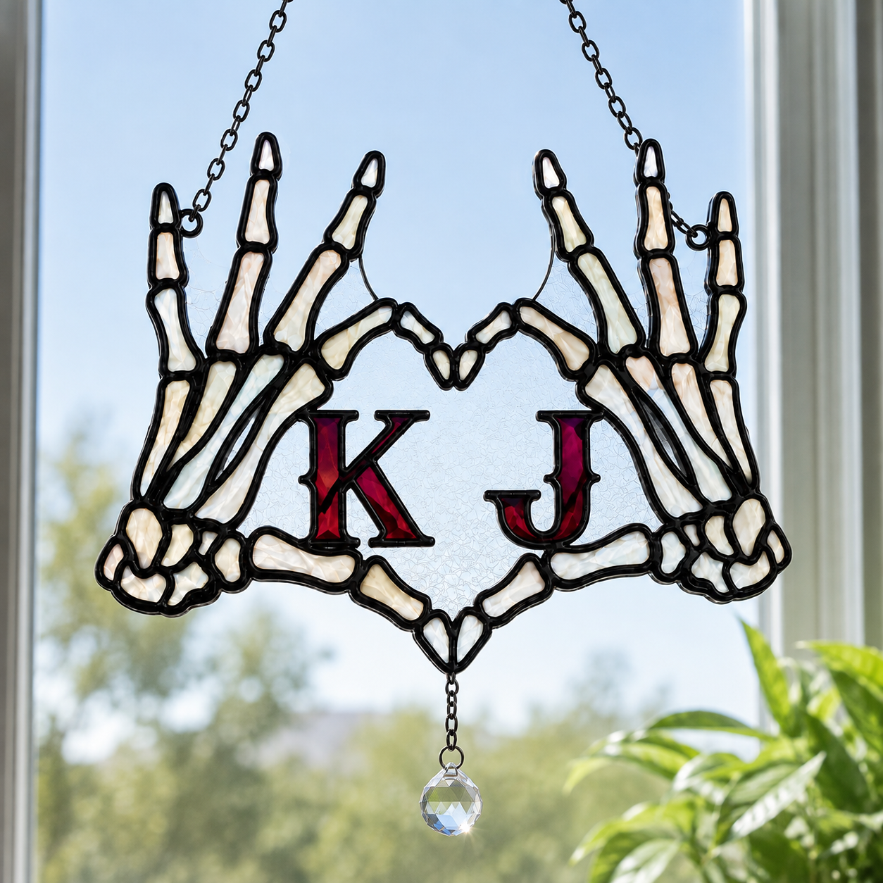 Personalized Initials Skeleton Hands Heart Couple Holographic Acrylic Suncatcher