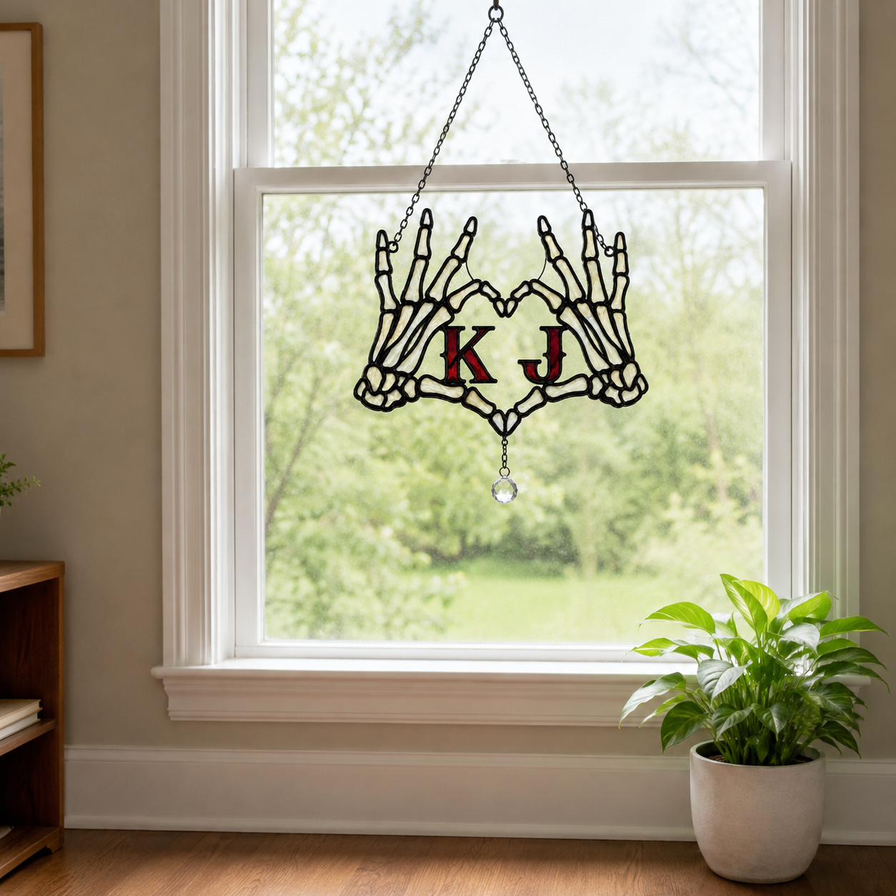 Personalized Initials Skeleton Hands Heart Couple Holographic Acrylic Suncatcher