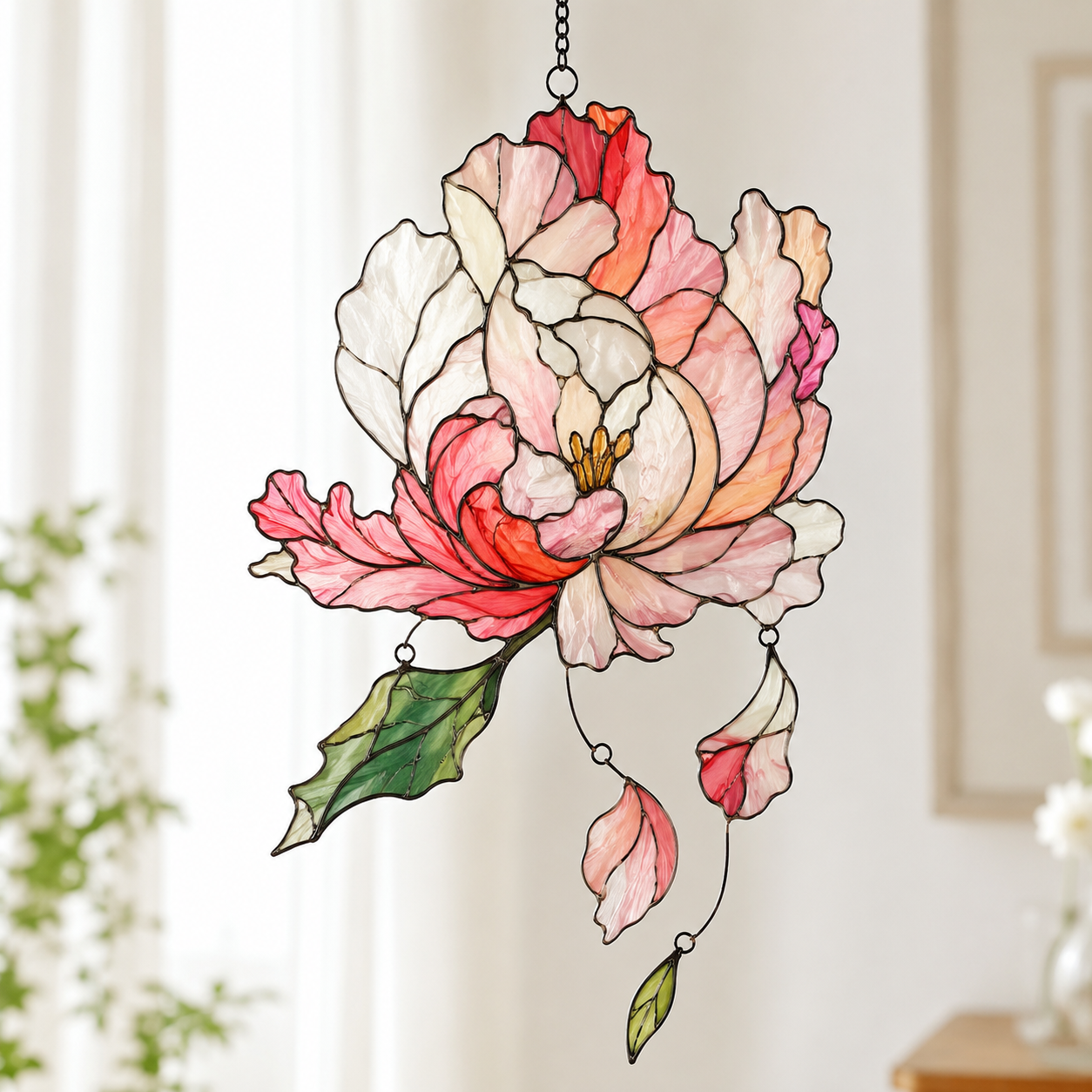 Pink Peony Holographic Acrylic Suncatcher