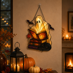 Ghost Reading Books with Black Cat & Bats Holographic Acrylic Suncatcher