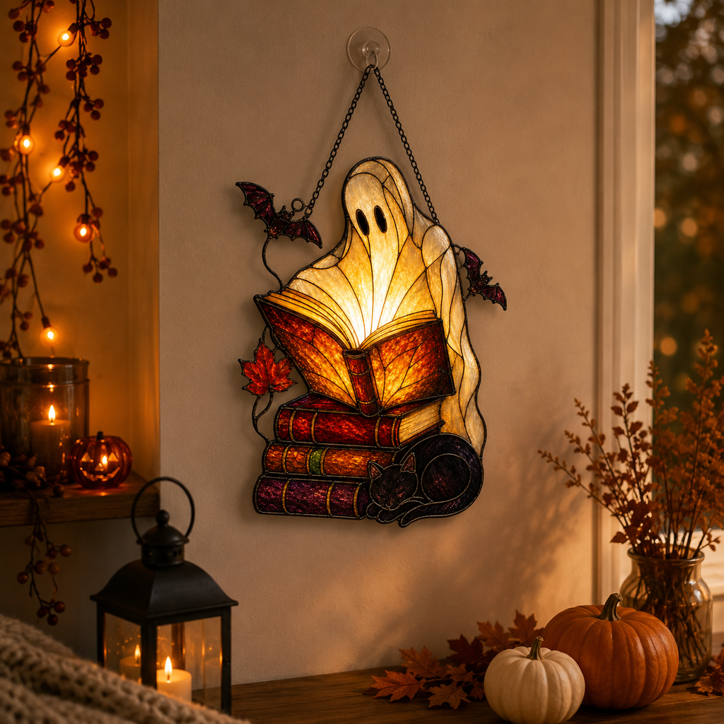 Ghost Reading Books with Black Cat & Bats Holographic Acrylic Suncatcher