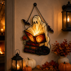 Ghost Reading Books with Black Cat & Bats Holographic Acrylic Suncatcher