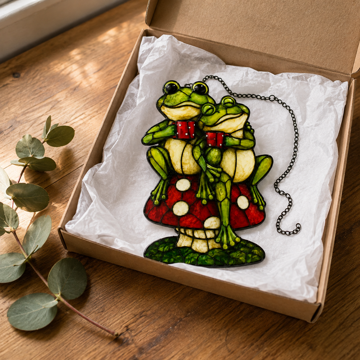 Frog Couple on Mushroom Holographic Acrylic Suncatcher
