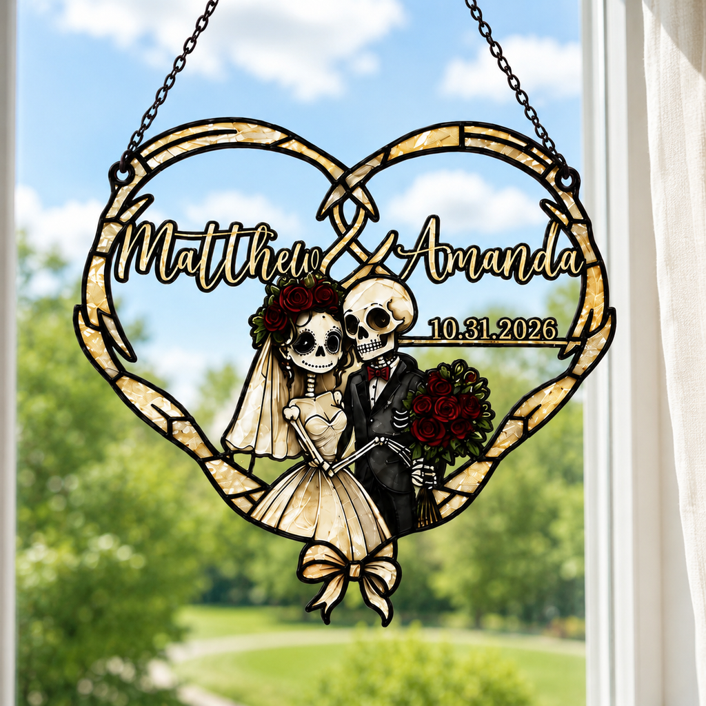 Personalized Skeleton Couple Wedding Heart Holographic Acrylic Suncatcher