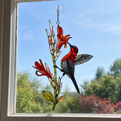 Crimson Sunbird & Canna Lily Holographic Acrylic Suncatcher