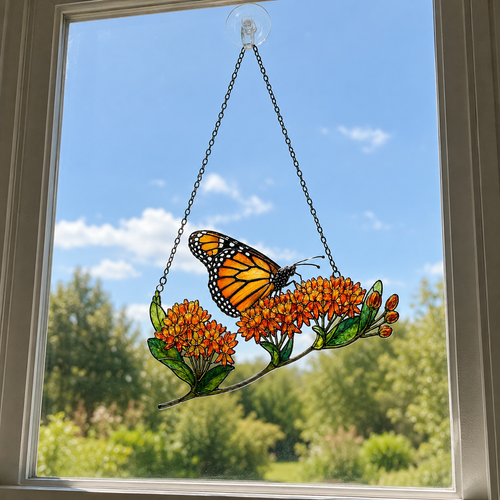 Monarch Butterfly & Orange Milkweed Holographic Acrylic Suncatcher
