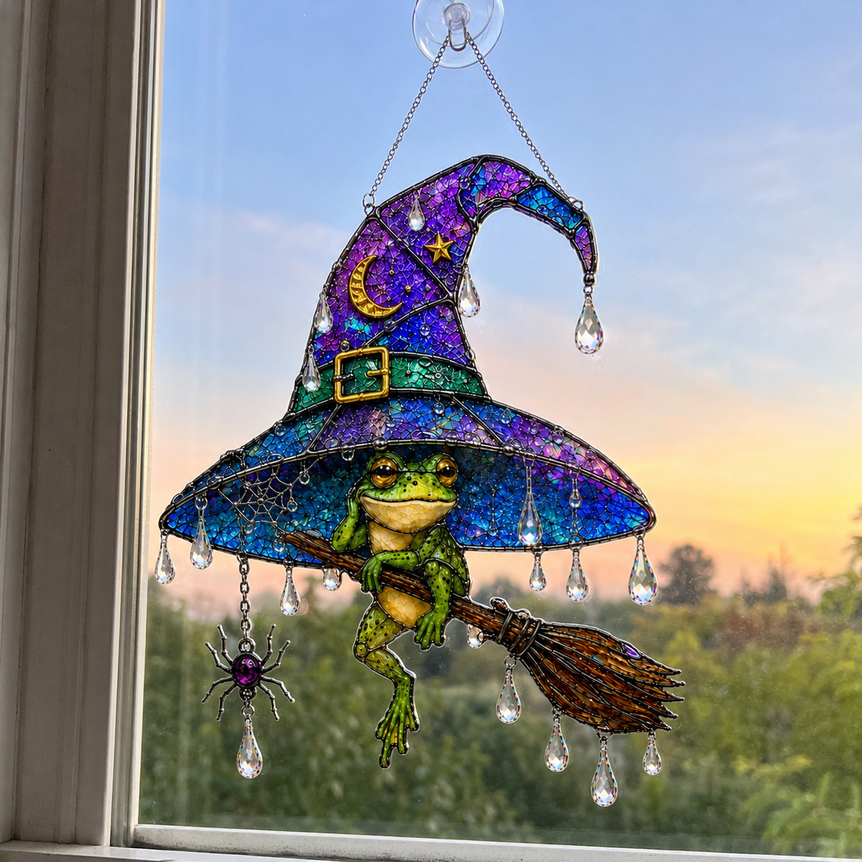 Witch Hat Frog & Broomstick Holographic Acrylic Suncatcher
