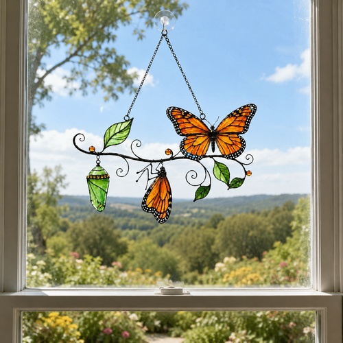Monarch Butterfly & Chrysalis Branch Holographic Acrylic Suncatcher