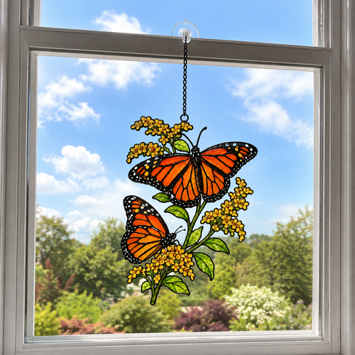 Monarch Butterflies & Golden Goldenrod Holographic Acrylic Suncatcher