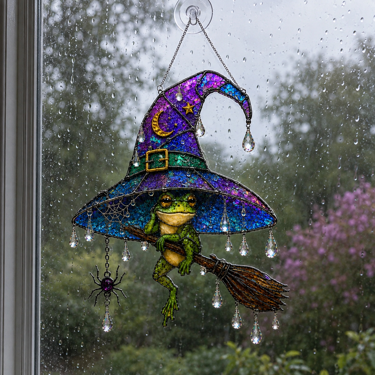 Witch Hat Frog & Broomstick Holographic Acrylic Suncatcher