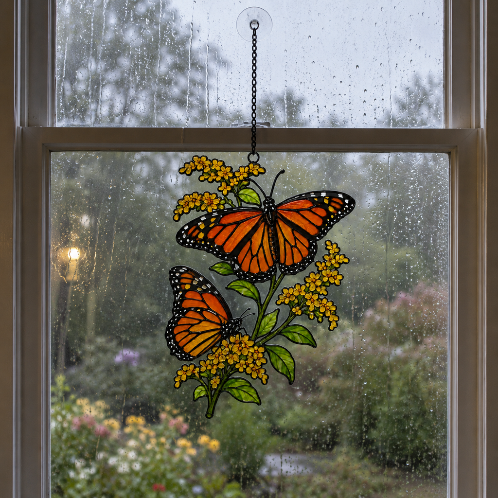Monarch Butterflies & Golden Goldenrod Holographic Acrylic Suncatcher