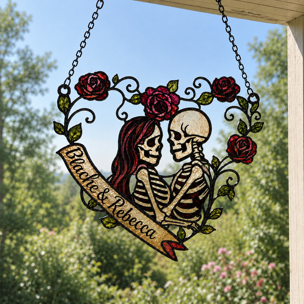 Personalized Skeleton Couple Rose Heart Holographic Acrylic Suncatcher