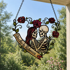 Personalized Skeleton Couple Rose Heart Holographic Acrylic Suncatcher