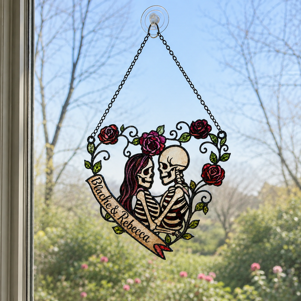 Personalized Skeleton Couple Rose Heart Holographic Acrylic Suncatcher