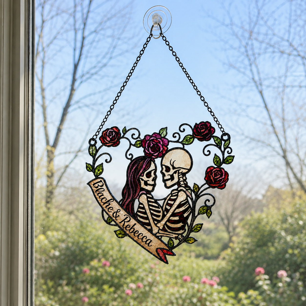 Personalized Skeleton Couple Rose Heart Holographic Acrylic Suncatcher