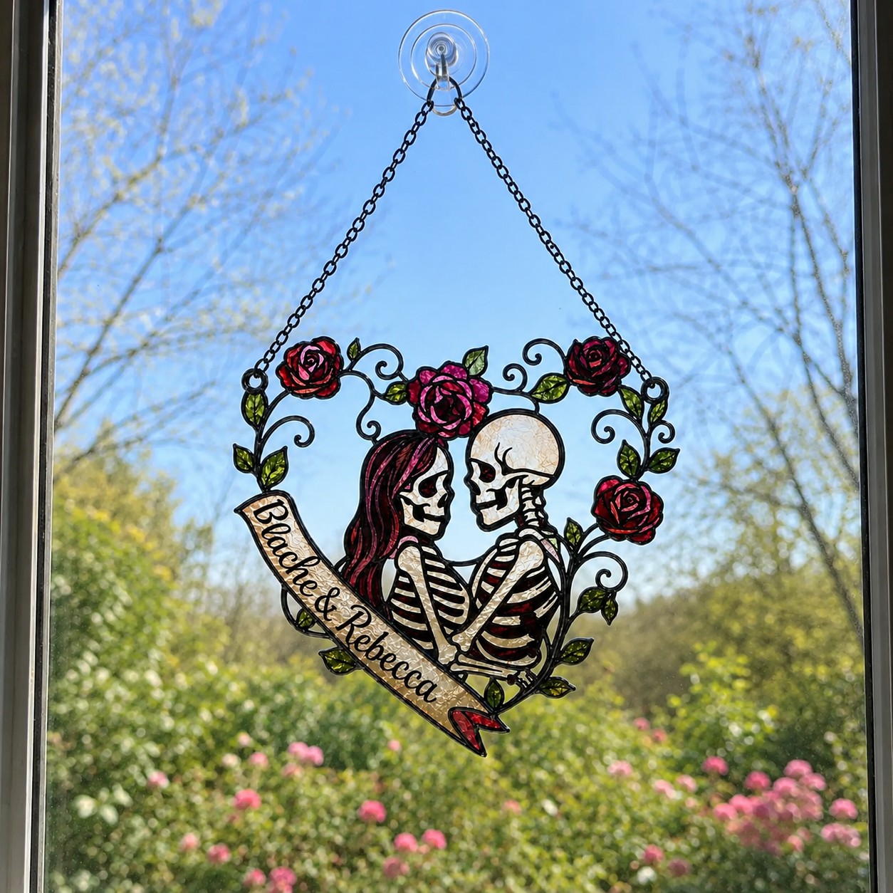 Personalized Skeleton Couple Rose Heart Holographic Acrylic Suncatcher