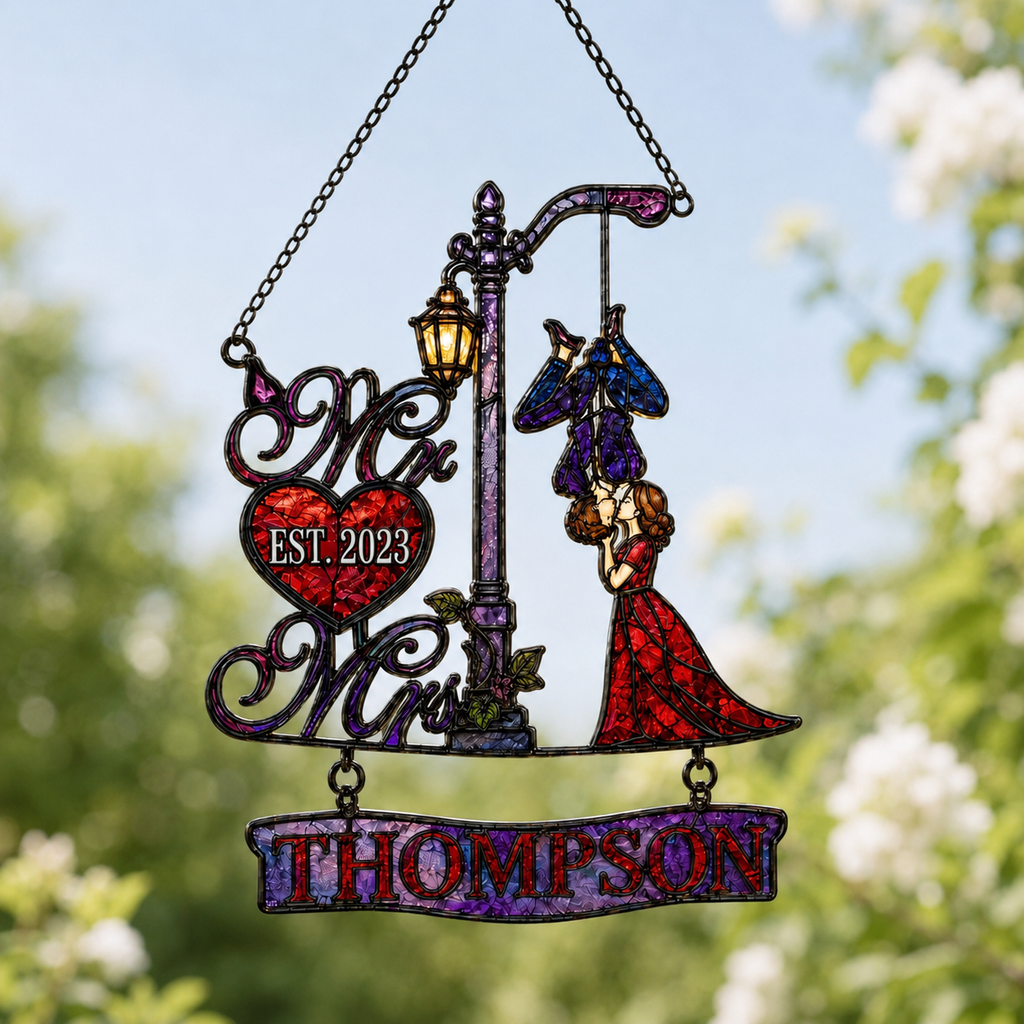 Personalized Family Name Mr & Mrs Couple Lamppost Holographic Acrylic Suncatcher
