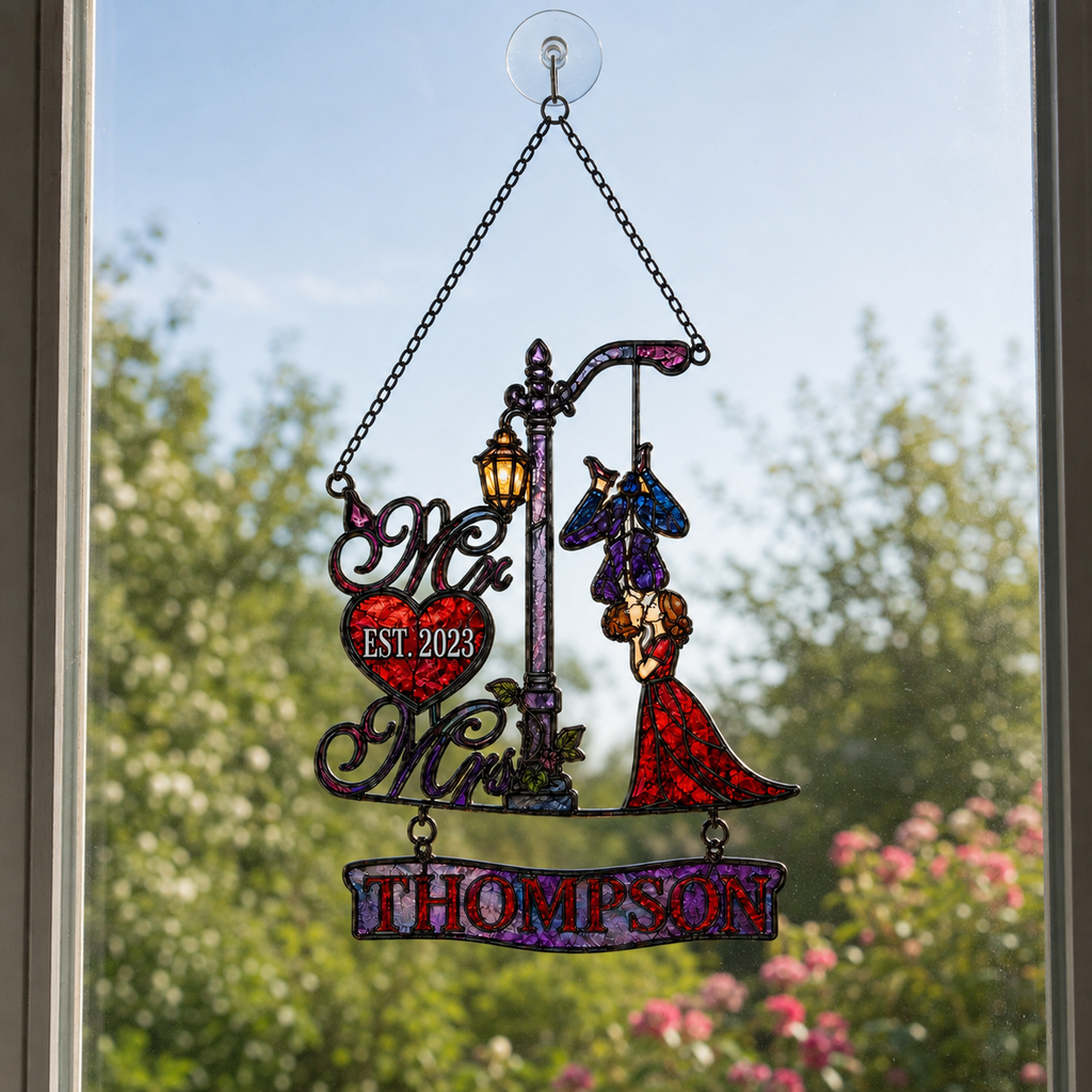 Personalized Family Name Mr & Mrs Couple Lamppost Holographic Acrylic Suncatcher