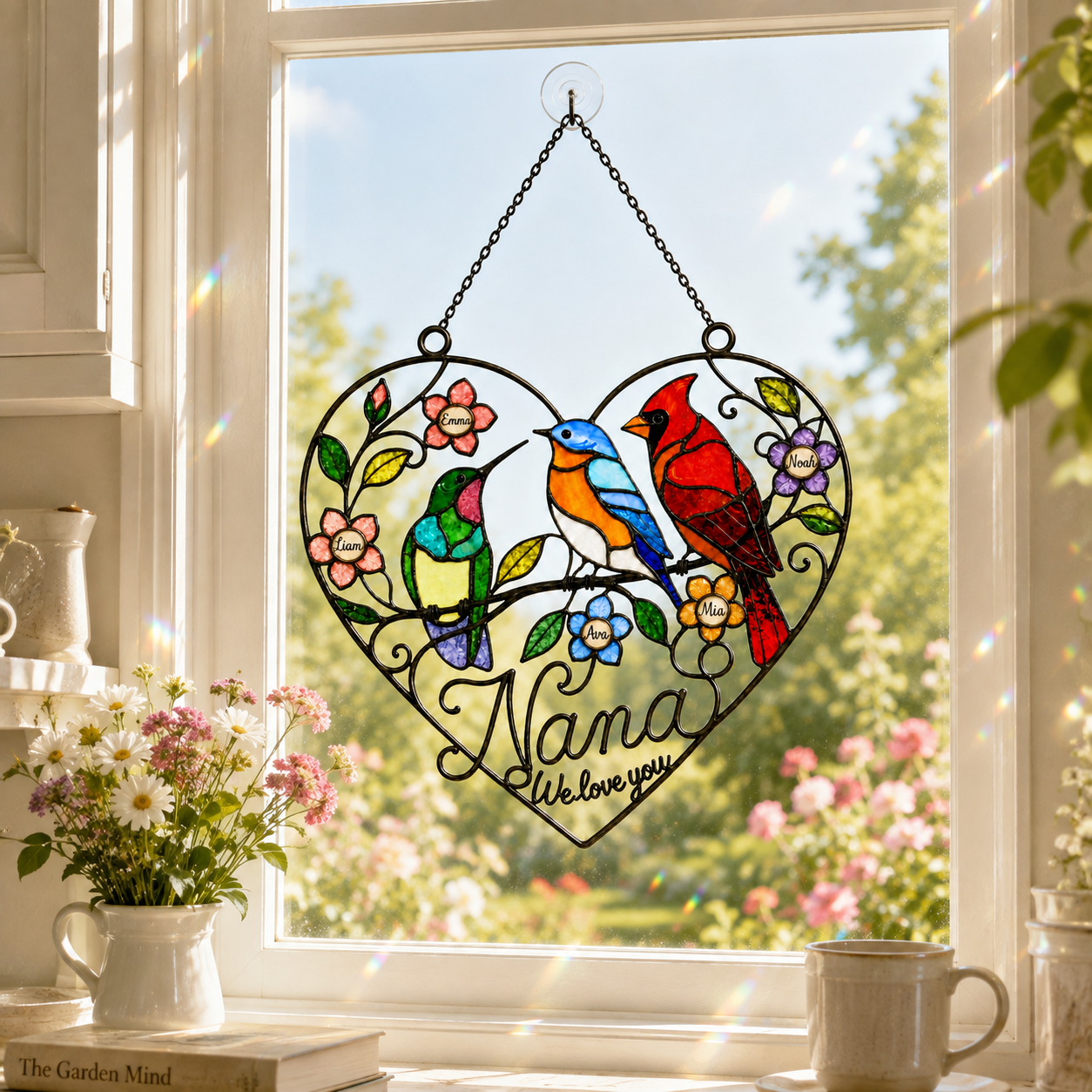 Personalized Grandma Birds & Heart Holographic Acrylic Suncatcher