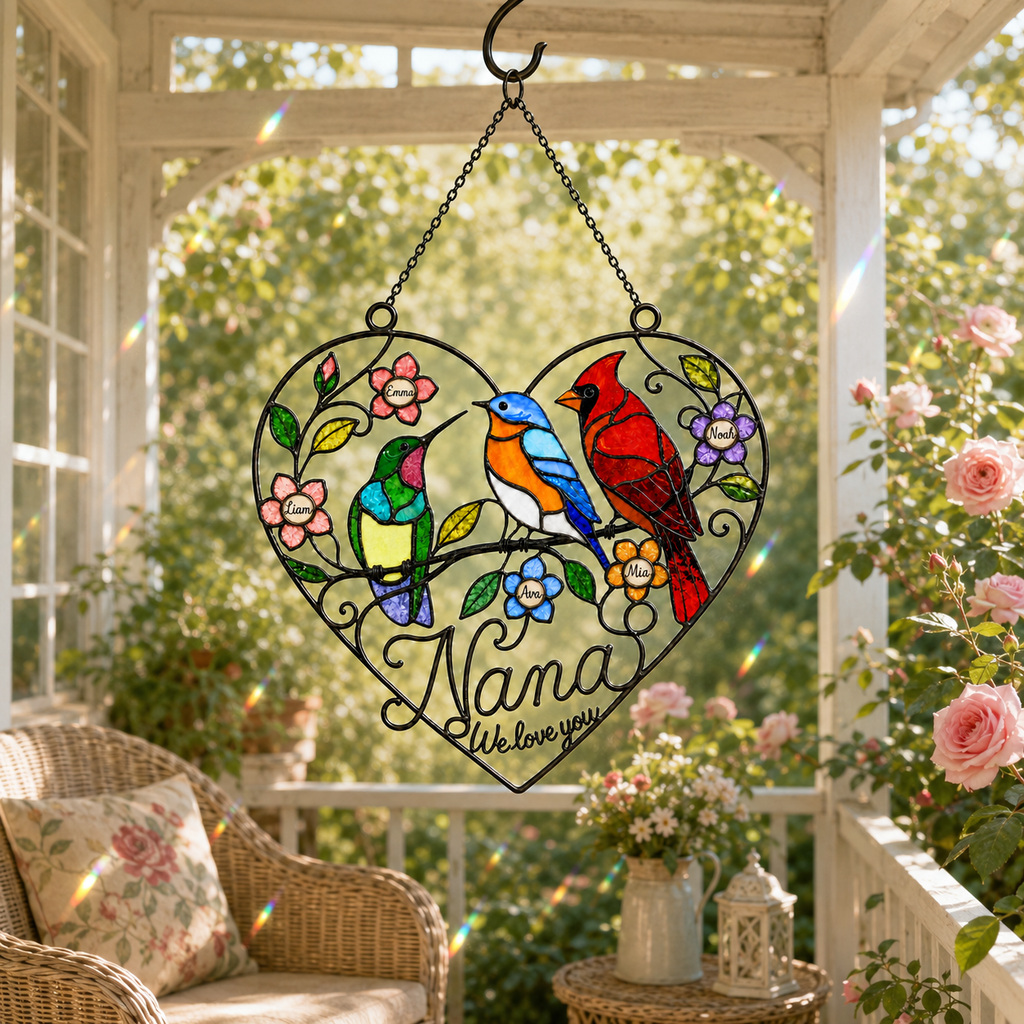 Personalized Grandma Birds & Heart Holographic Acrylic Suncatcher