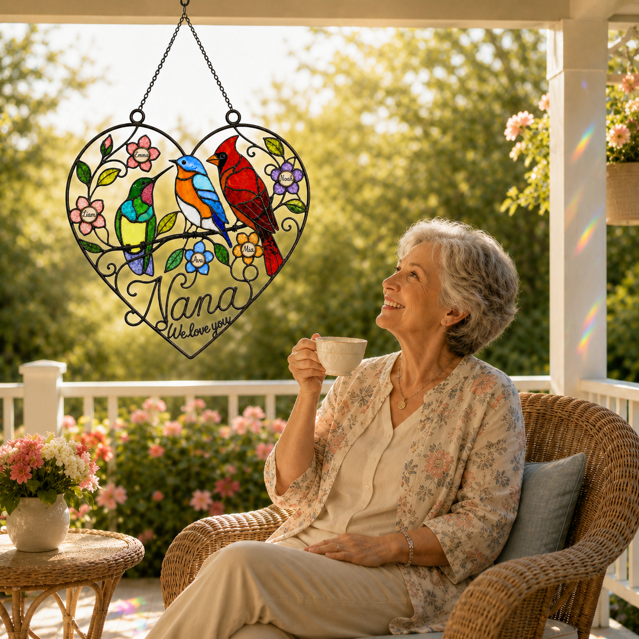 Personalized Grandma Birds & Heart Holographic Acrylic Suncatcher