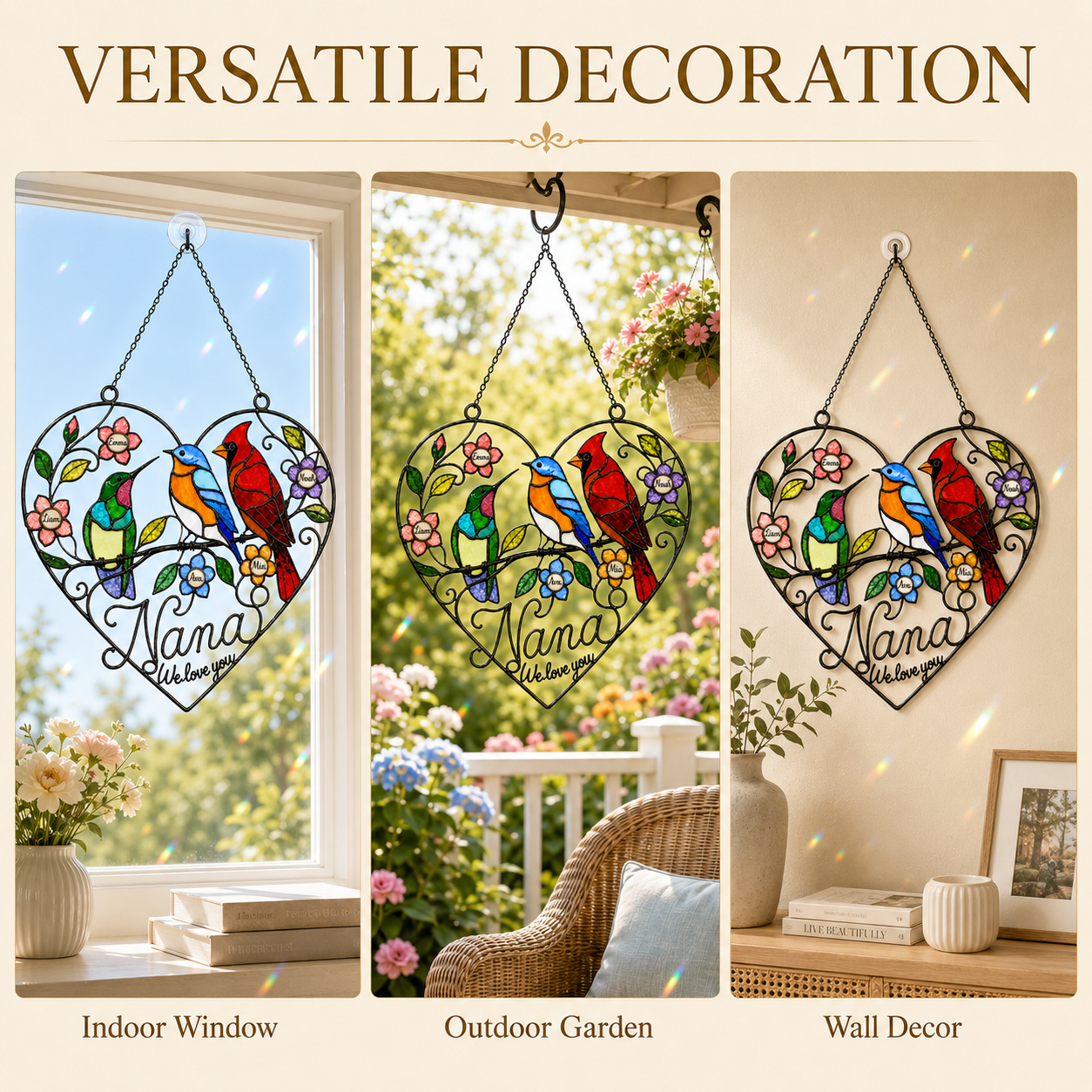 Personalized Grandma Birds & Heart Holographic Acrylic Suncatcher