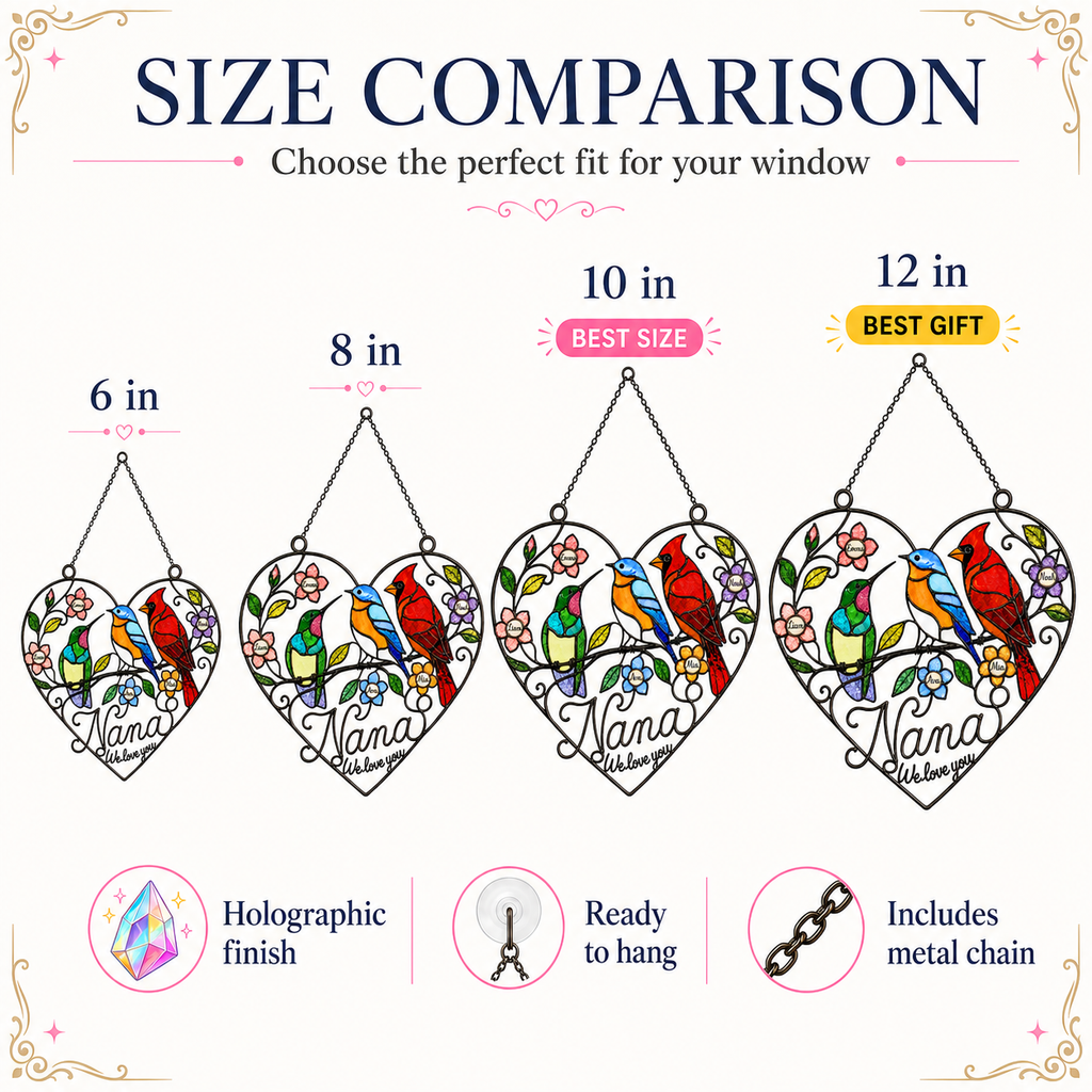 Personalized Grandma Birds & Heart Holographic Acrylic Suncatcher
