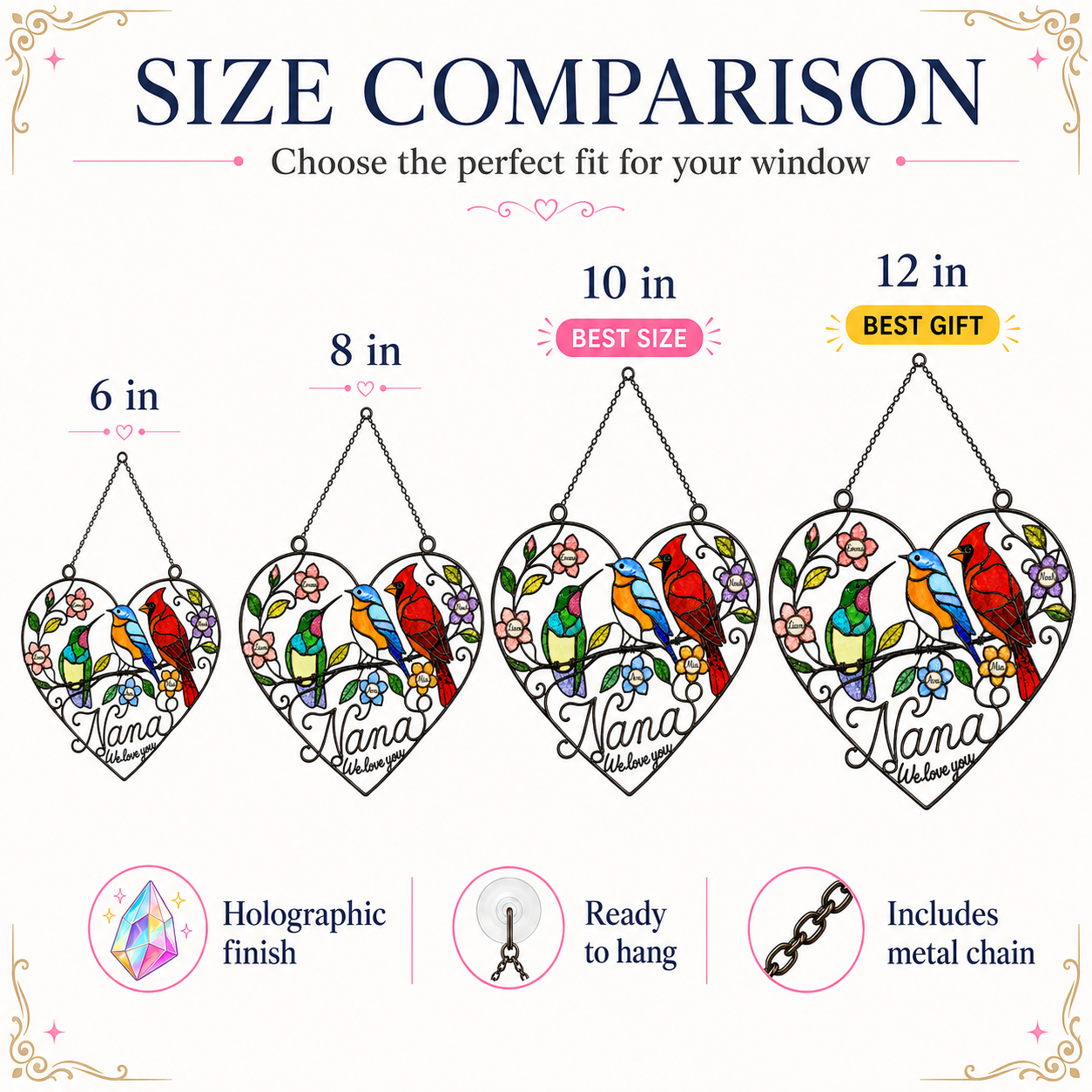 Personalized Grandma Birds & Heart Holographic Acrylic Suncatcher