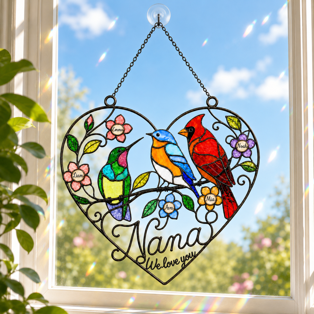 Personalized Grandma Birds & Heart Holographic Acrylic Suncatcher