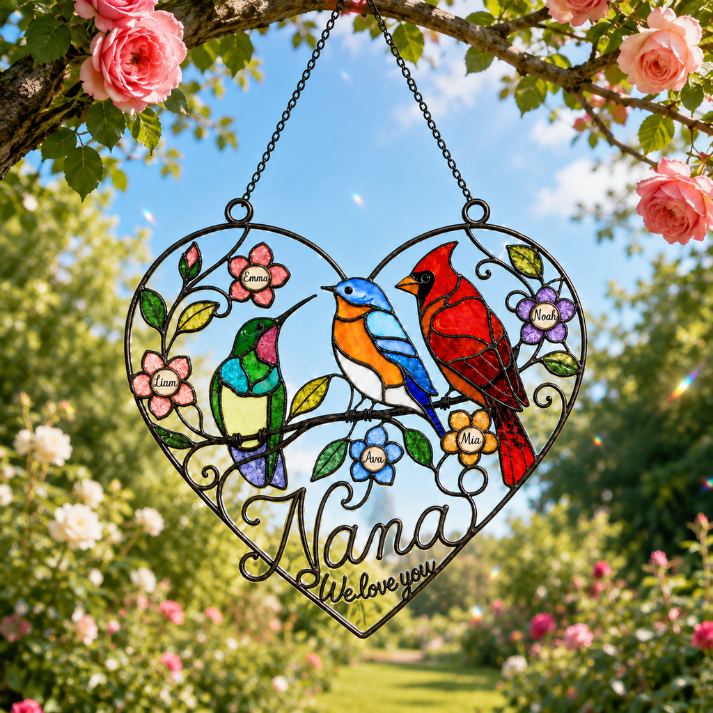 Personalized Grandma Birds & Heart Holographic Acrylic Suncatcher