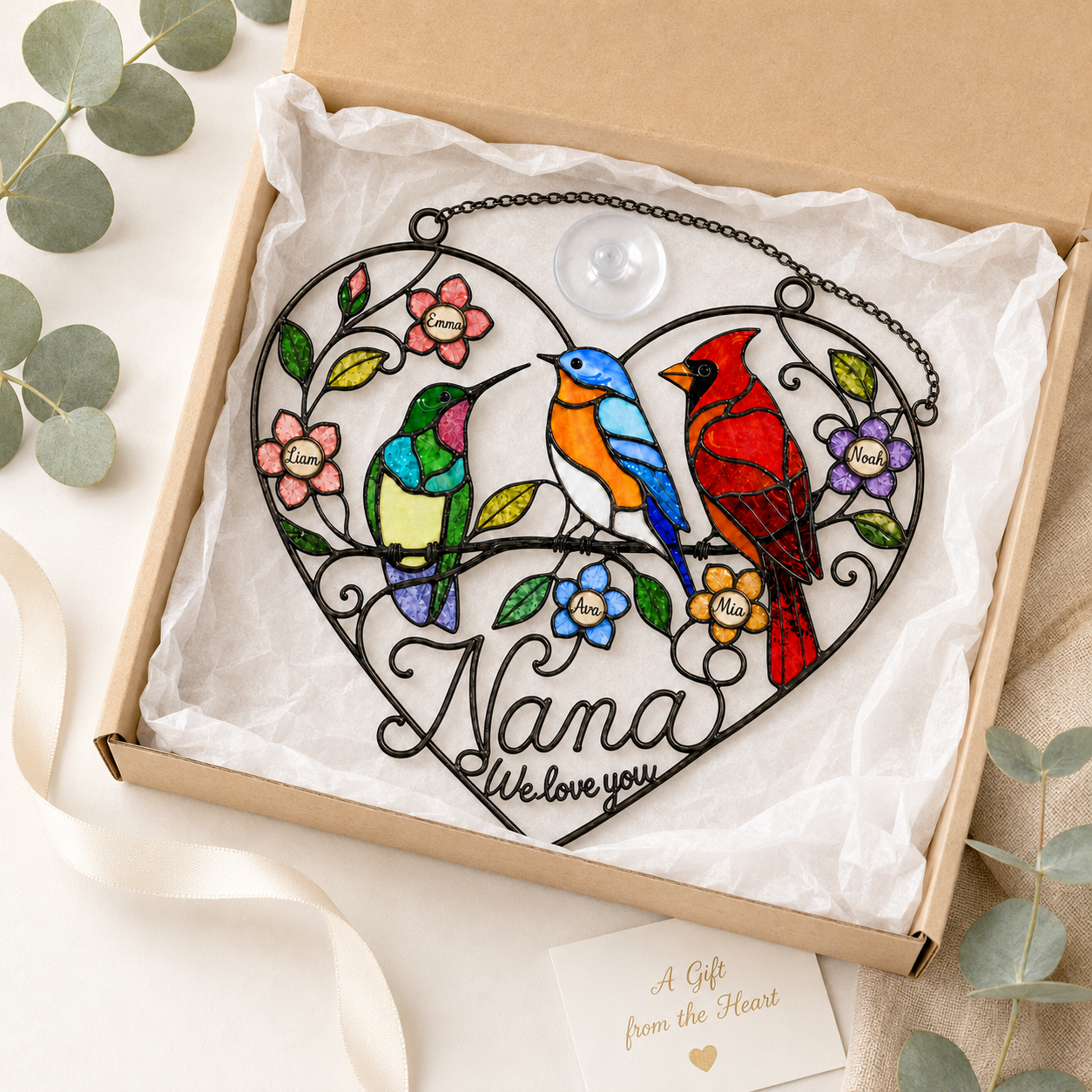 Personalized Grandma Birds & Heart Holographic Acrylic Suncatcher
