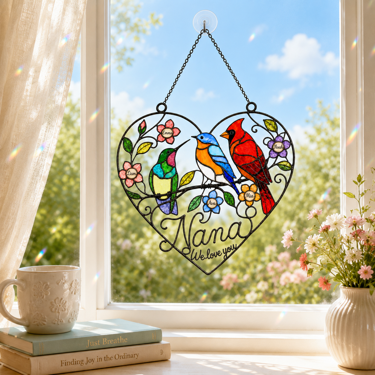 Personalized Grandma Birds & Heart Holographic Acrylic Suncatcher