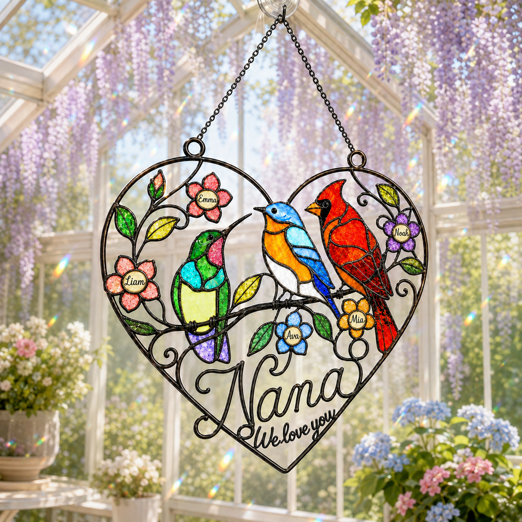 Personalized Grandma Birds & Heart Holographic Acrylic Suncatcher