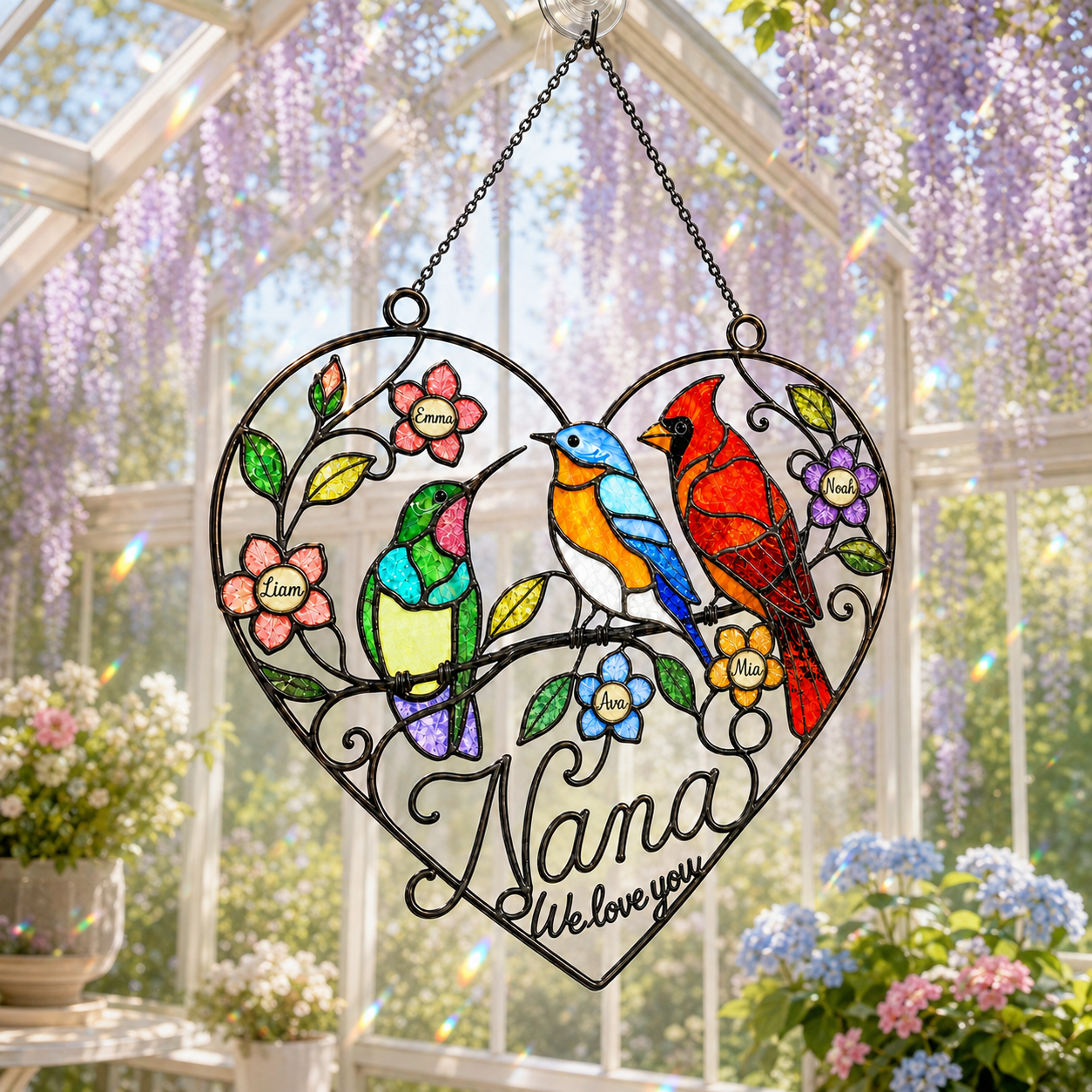 Personalized Grandma Birds & Heart Holographic Acrylic Suncatcher
