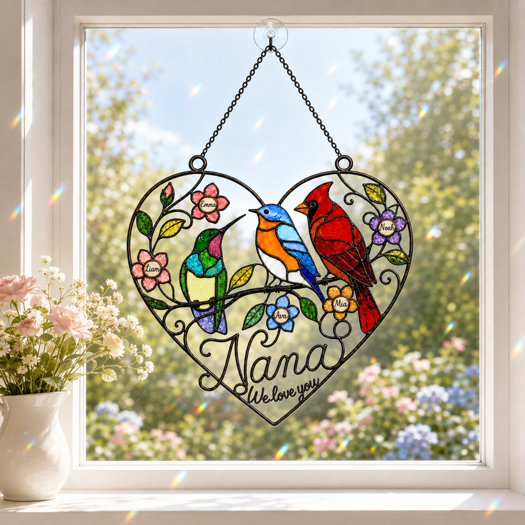 Personalized Grandma Birds & Heart Holographic Acrylic Suncatcher