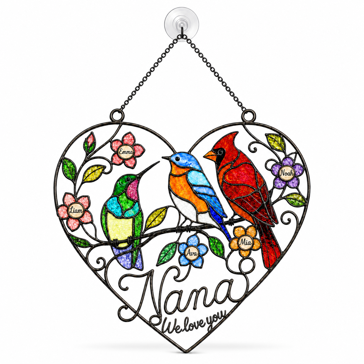 Personalized Grandma Birds & Heart Holographic Acrylic Suncatcher