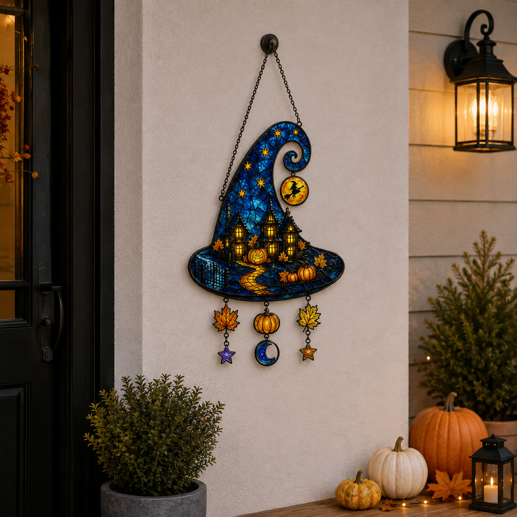 Witch Hat Haunted House & Pumpkin Holographic Acrylic Suncatcher