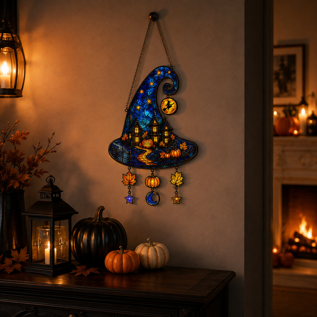 Witch Hat Haunted House & Pumpkin Holographic Acrylic Suncatcher