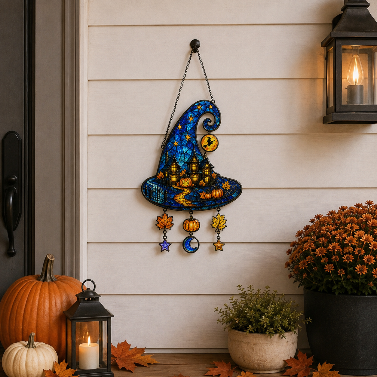 Witch Hat Haunted House & Pumpkin Holographic Acrylic Suncatcher