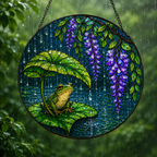 Frog & Wisteria Leaf Umbrella Stained Glass Suncatcher