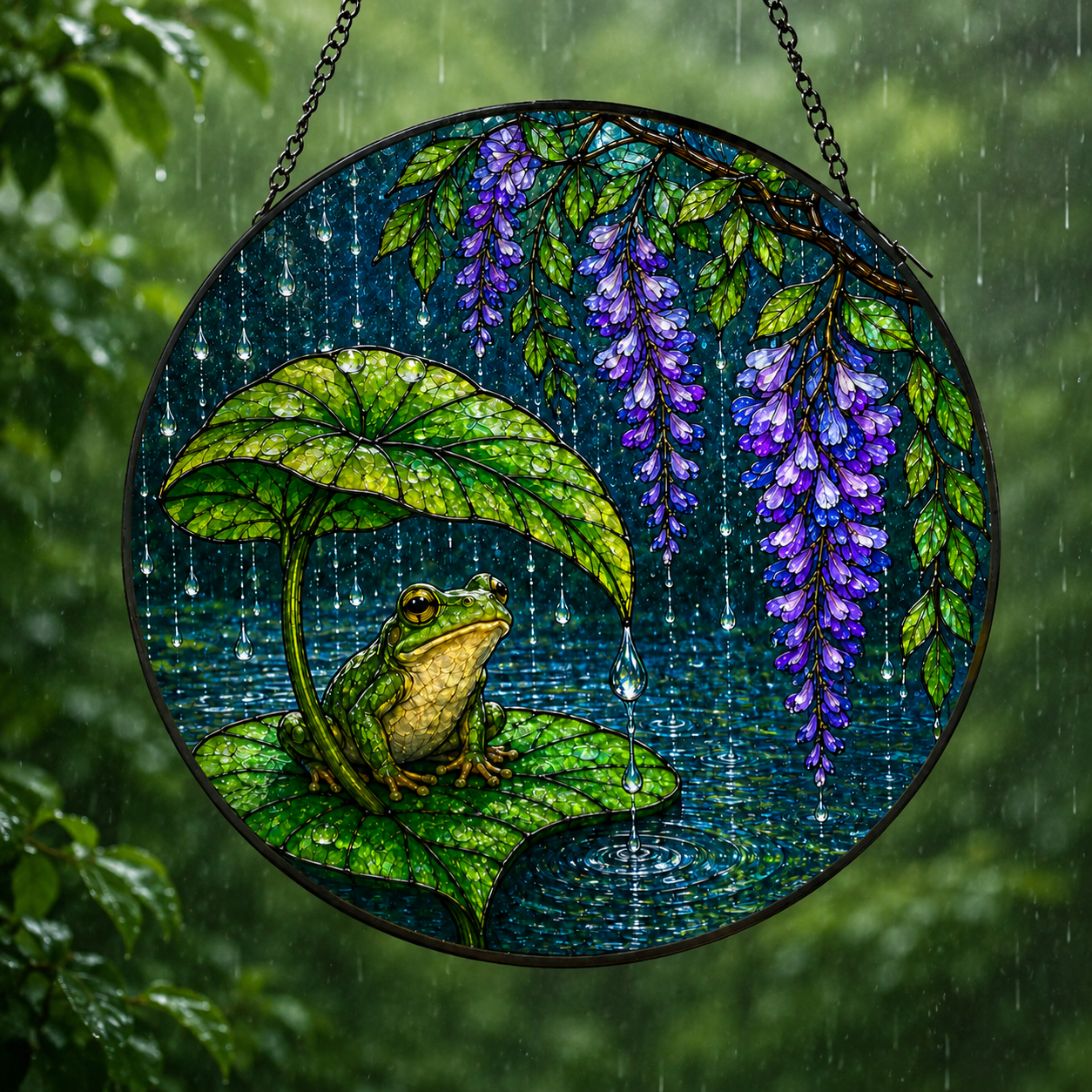 Frog & Wisteria Leaf Umbrella Stained Glass Suncatcher
