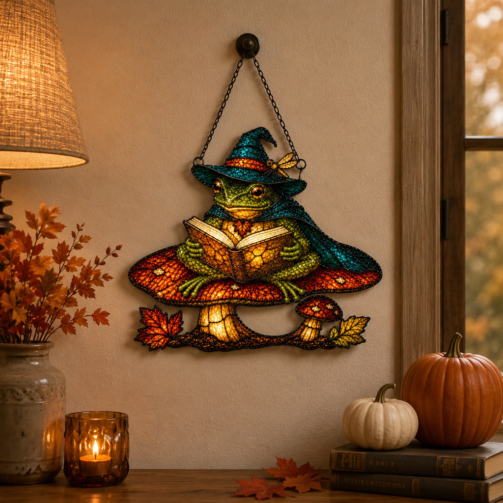 Witch Hat Frog on Mushroom Holographic Acrylic Suncatcher