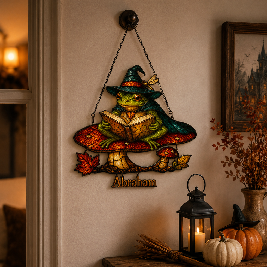 Witch Hat Frog on Mushroom Holographic Acrylic Suncatcher