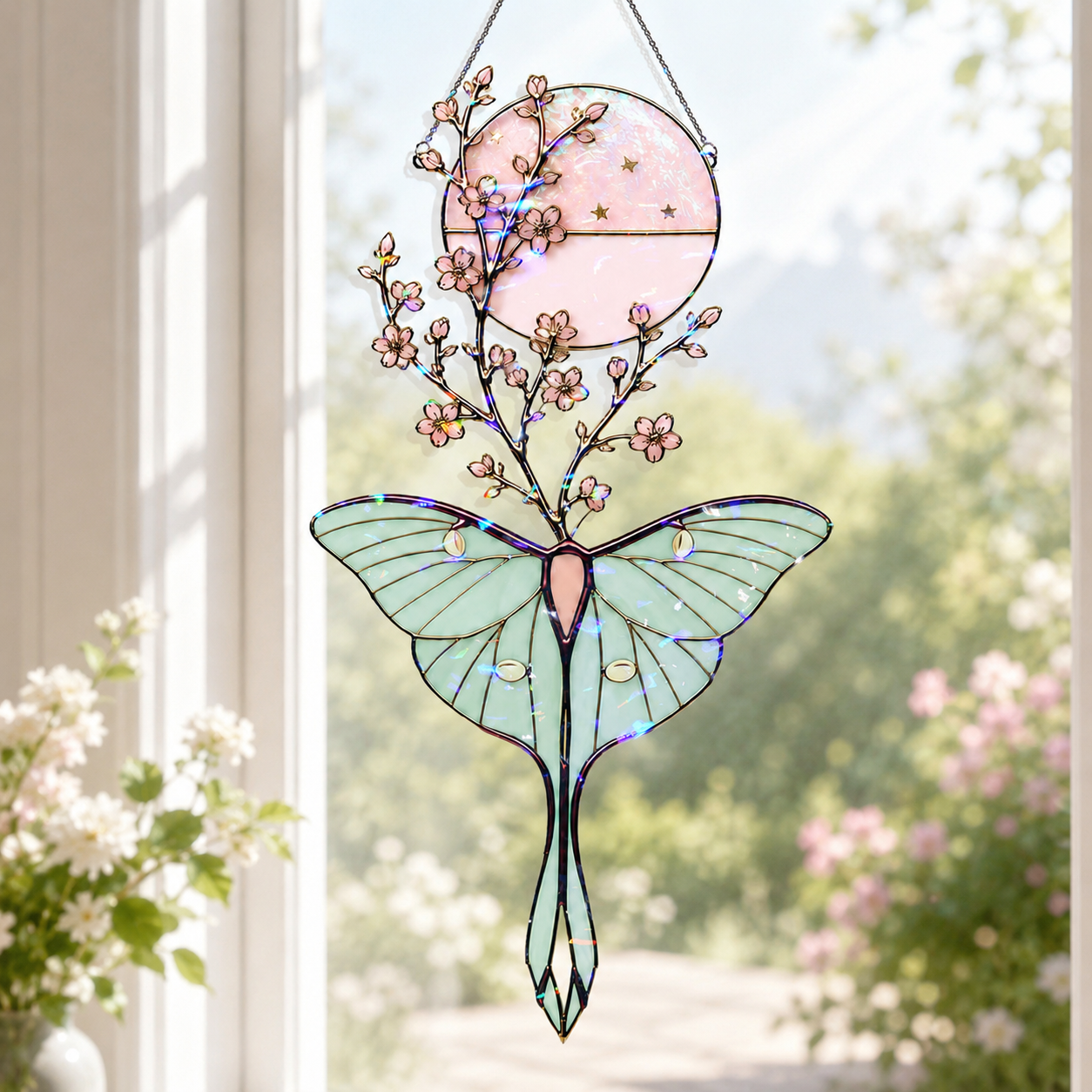 Luna Moth & Cherry Blossom Moon Holographic Acrylic Suncatcher