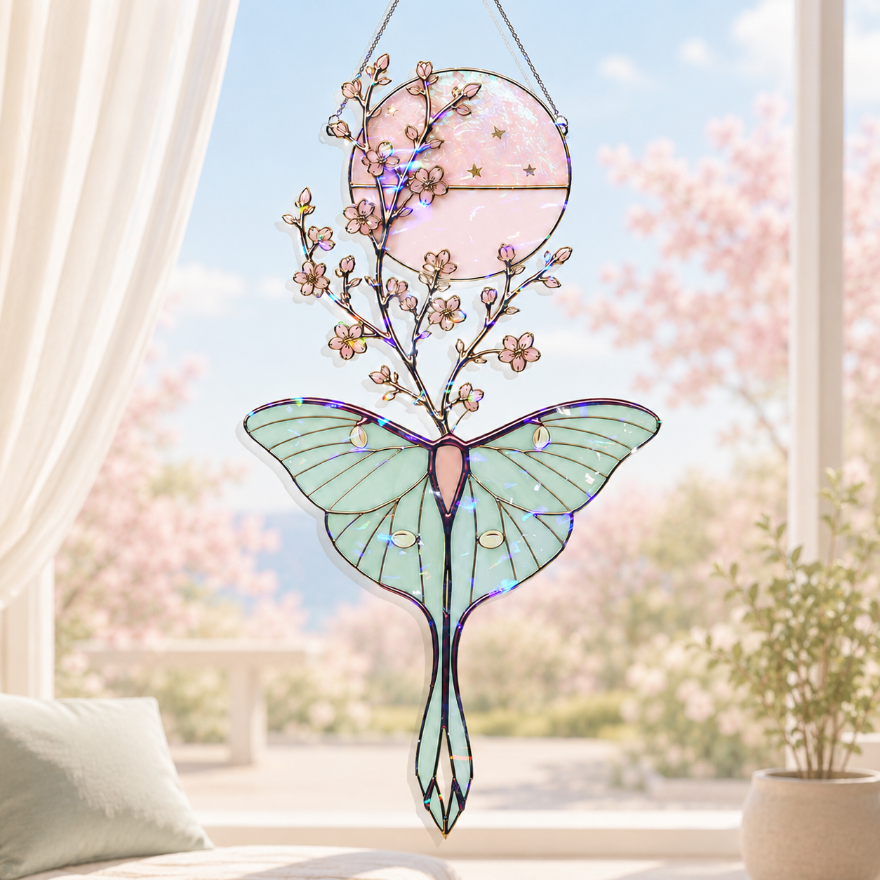 Luna Moth & Cherry Blossom Moon Holographic Acrylic Suncatcher